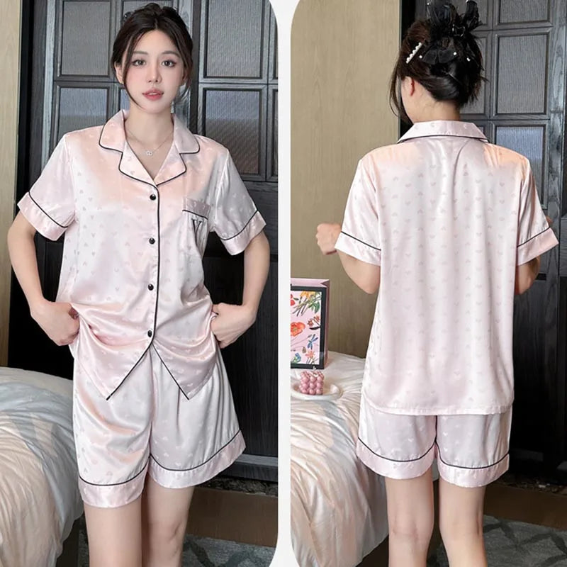 Youth Summer Lightweight Ice Silk Short-Sleeved Pajama Set with Shorts Women's Luxury Loungewear Comfortable Sleepwear