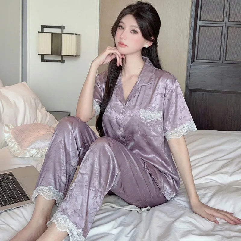 Elegant French Luxury Lace Women's Pajamas Set Summer New 2026 Short Sleeve Sleepwear Nightwear Fashion Casual 2PCS Set Homewear