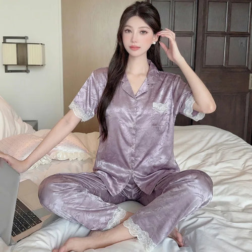 Elegant French Luxury Lace Women's Pajamas Set Summer New 2026 Short Sleeve Sleepwear Nightwear Fashion Casual 2PCS Set Homewear
