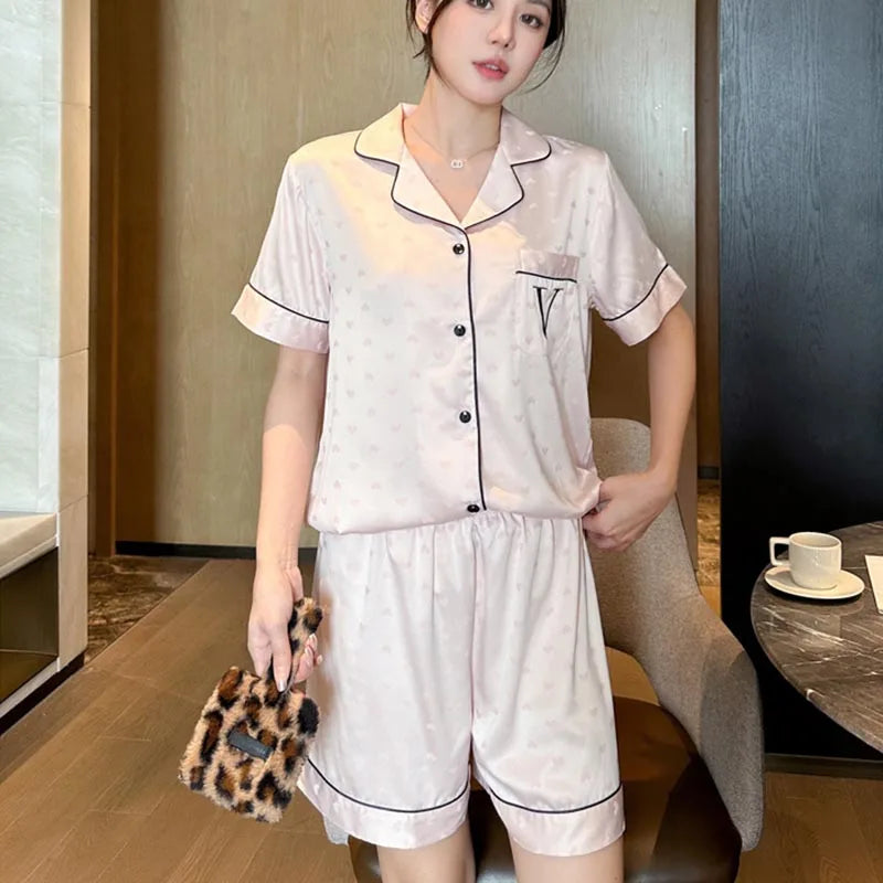 Youth Summer Lightweight Ice Silk Short-Sleeved Pajama Set with Shorts Women's Luxury Loungewear Comfortable Sleepwear