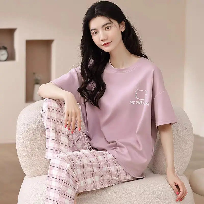 Newest 100% Cotton Women Pajamas Set Summer Short-sleeve Sleepwear Women's Simple Loose Home Wear Large Size 3XL