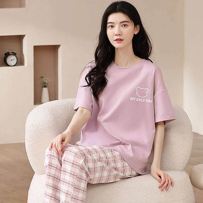 Newest 100% Cotton Women Pajamas Set Summer Short-sleeve Sleepwear Women's Simple Loose Home Wear Large Size 3XL